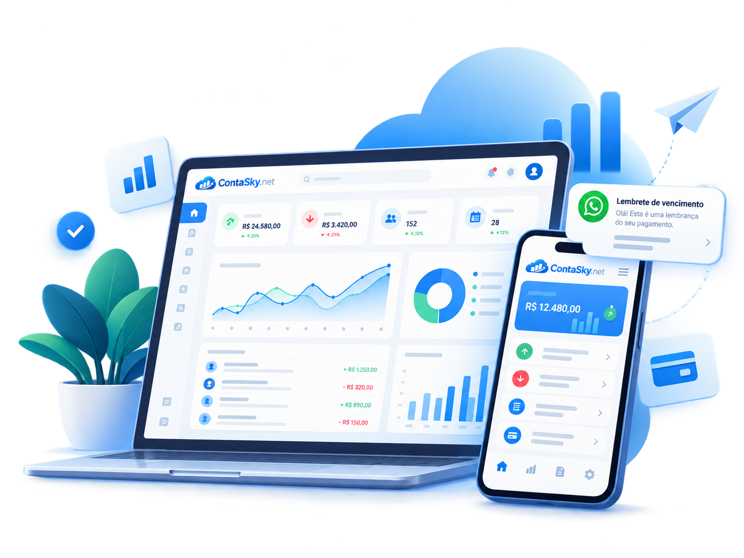 Painel financeiro ContaSky.net em computador e celular