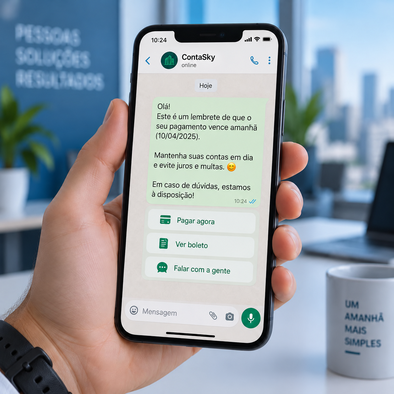 Celular exibindo um aviso de vencimento enviado pelo ContaSky no WhatsApp